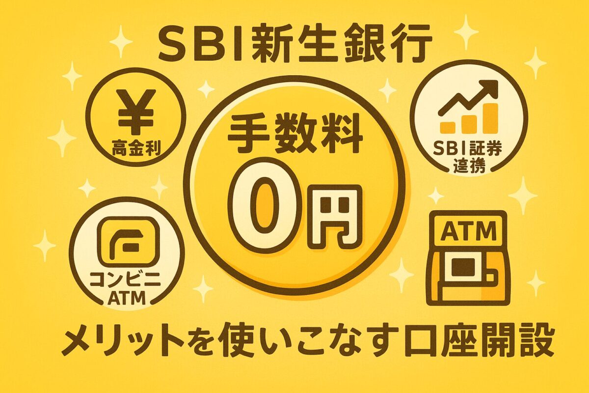 「手数料0円」「高金利」といったアイコンが並び、SBI新生銀行のメリットを表現したイラスト。この記事が「sbi新生銀行 口座開設」のお得な活用法を解説することを示す一枚。