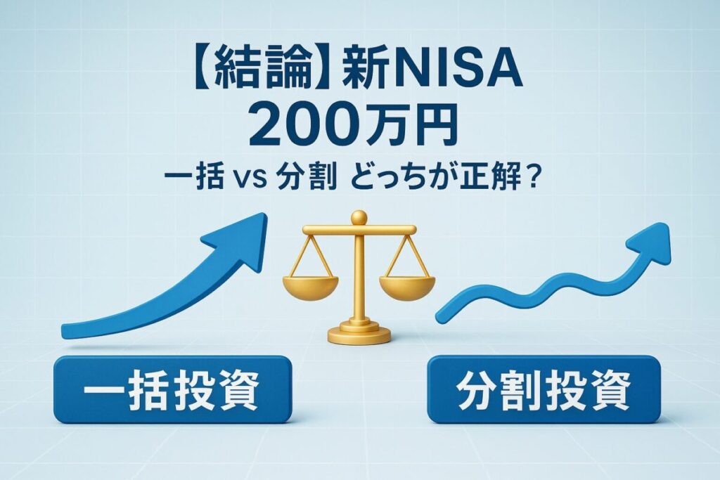 「一括投資」の太い矢印と「分割投資」の安定した矢印が描かれた天秤のインフォグラフィック。この記事のテーマである「新NISA 200万円 一括投資」における2つの戦略の比較を象徴する一枚。