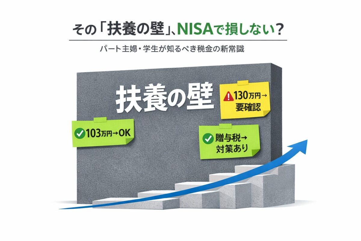 「扶養の壁」と書かれた壁に、税金や社会保険に関する注意点が貼られているインフォグラフィック。この記事のテーマである「新nisa パート 主婦」が直面する扶養問題の解決策を示す一枚。