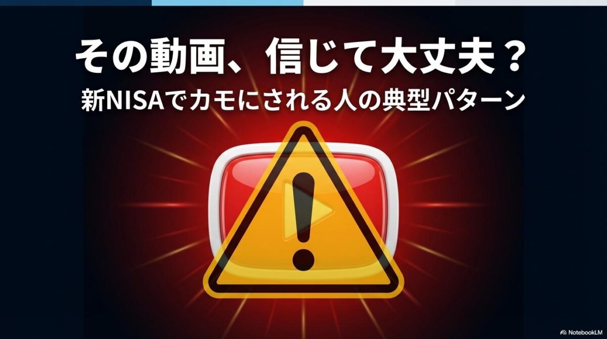 YouTubeの再生ボタンアイコンに黄色い警告マークが重ねられたグラフィック。この記事のテーマである「新nisa ユーチューブ」での情報収集に潜むリスクと、その注意点を象徴する一枚。