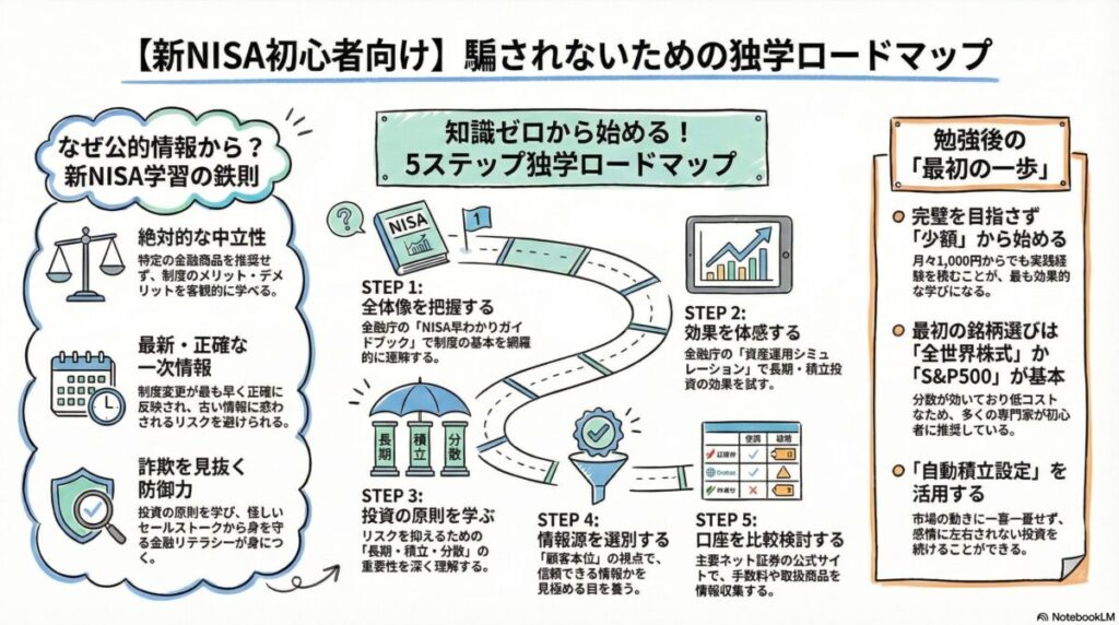 図解『新NISAの勉強方法｜初心者が騙されない独学ロードマップと情報収集法』