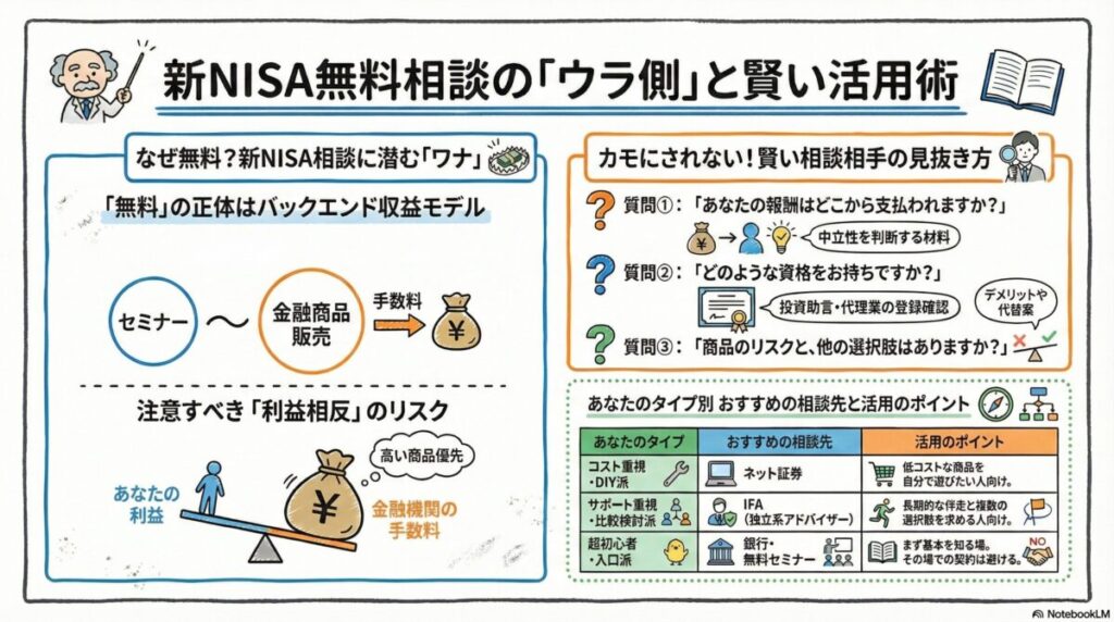 図解『新NISA無料セミナーSBI等の活用法|誰に相談すべきか判断する基準』