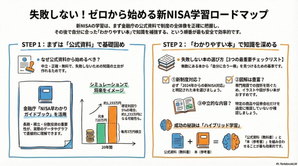 図解『新NISAの本は金融庁パンフレットから！独学の具体例と勉強法』