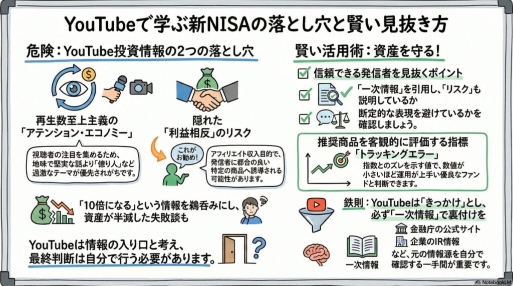 図解『新NISAのYouTube情報は信用できる?成長投資枠を学ぶ際の注意点』