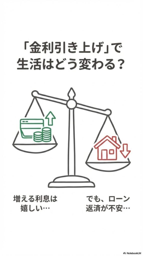 金利引き上げによる生活の変化を天秤で表現。受取利息が増えるメリットと、住宅ローン変動金利上昇による返済不安の葛藤。