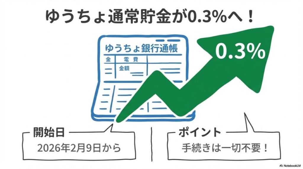 ゆうちょ通常貯金の金利が0.3%に上昇。2026年2月9日開始、手続き不要で自動適用されるポイントを強調したイラスト。