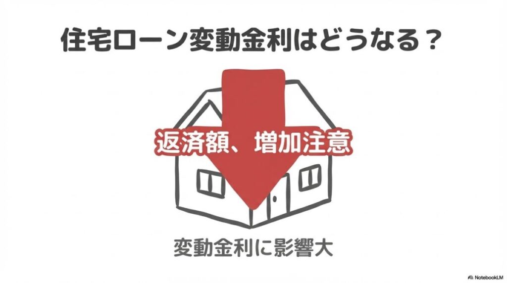 住宅ローン変動金利への影響。金利上昇に伴う返済額の増加注意を、家と下向きの赤い矢印で象徴的に表現。