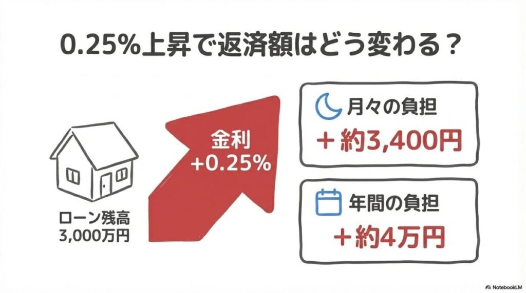 住宅ローン0.25%上昇時の返済額シミュレーション。ローン残高3000万円の場合、月々約3400円、年間約4万円の負担増を提示。