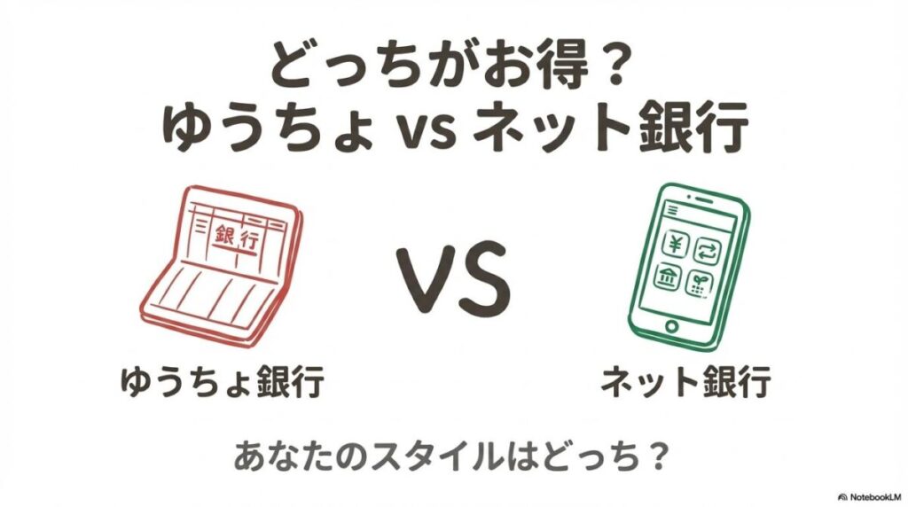 ゆうちょ銀行とネット銀行はどっちがお得かを問いかける比較図。通帳とスマートフォンのアイコンで預金スタイルの違いを表現。