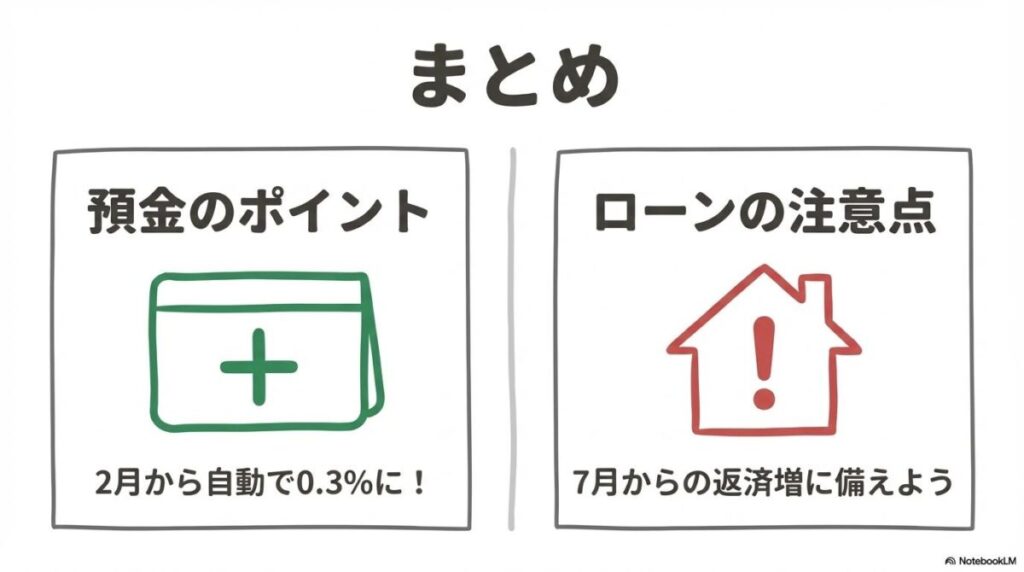 記事のまとめ。2月からの預金自動0.3%適用と、7月からの住宅ローン返済増に向けた備えの重要性を総括。