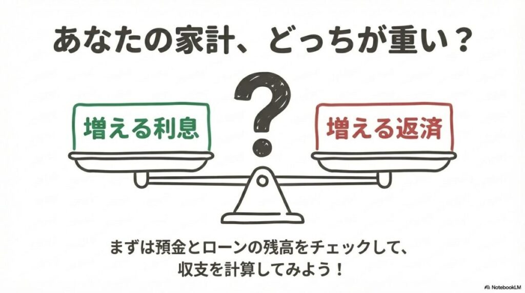 「増える利息」と「増える返済」の天秤。預金とローンの残高をチェックし、家計収支を計算することを推奨する結びのスライド。