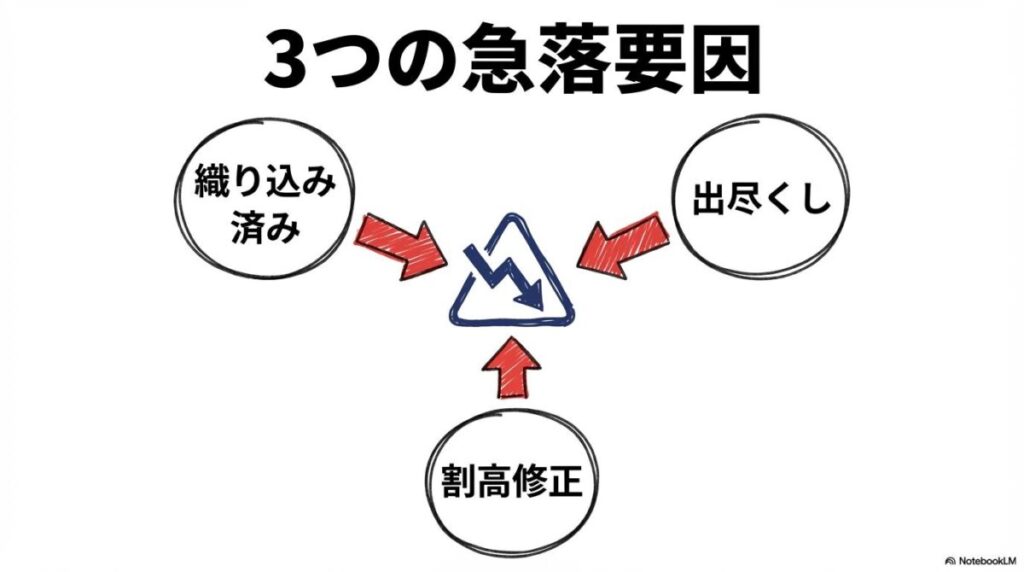 サンリオ株価が下がった3つのトリガーの図解。織り込み、出尽くし、割高修正の関係性をセンター配置で表現した画像。