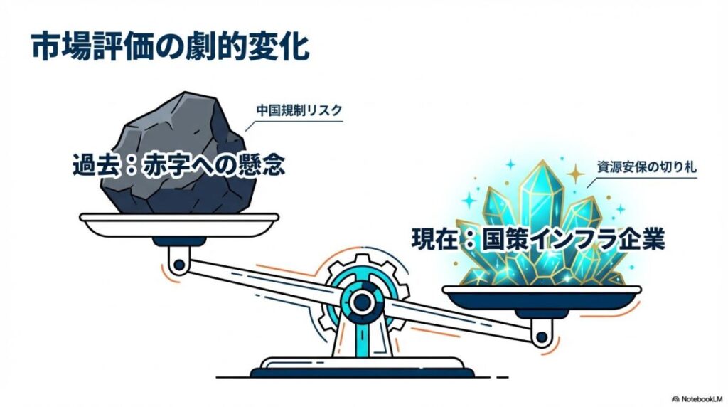 中国規制激化による市場評価の変化。過去の赤字懸念よりも、現在の国策資源開発への期待が上回っている様子を表した天秤の図解。