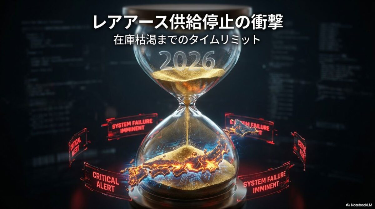 2026年の時限爆弾を象徴する砂時計とレアアース。この記事のテーマである「中国レアアース輸出規制」による在庫枯渇の危機を象徴する一枚。