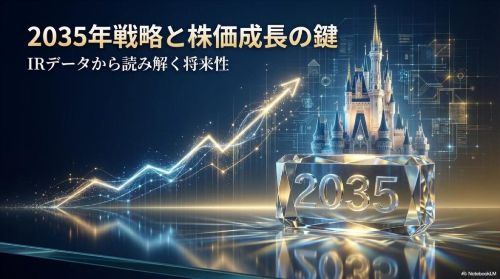 上昇するグラフとシンデレラ城が融合した3D画像。この記事のテーマである「オリエンタルランド 今後 の 展望」における2035年戦略の成功を象徴する一枚。