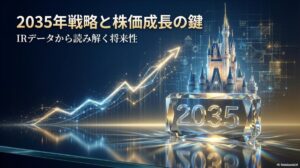 上昇するグラフとシンデレラ城が融合した3D画像。この記事のテーマである「オリエンタルランド 今後 の 展望」における2035年戦略の成功を象徴する一枚。