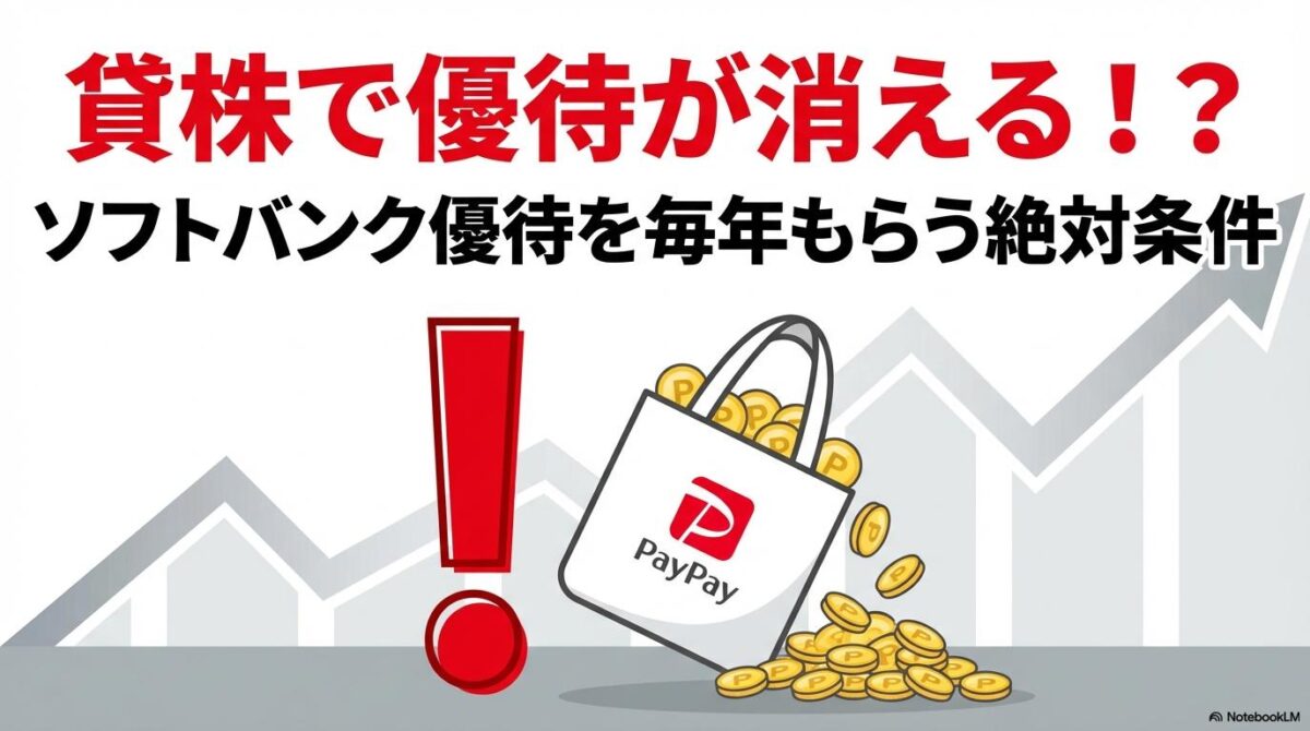警告マークの横でPayPayポイントが失われる様子を描いたイラスト。この記事のテーマである「ソフトバンク株主優待を毎年もらう条件と貸株の注意点」を象徴する一枚。