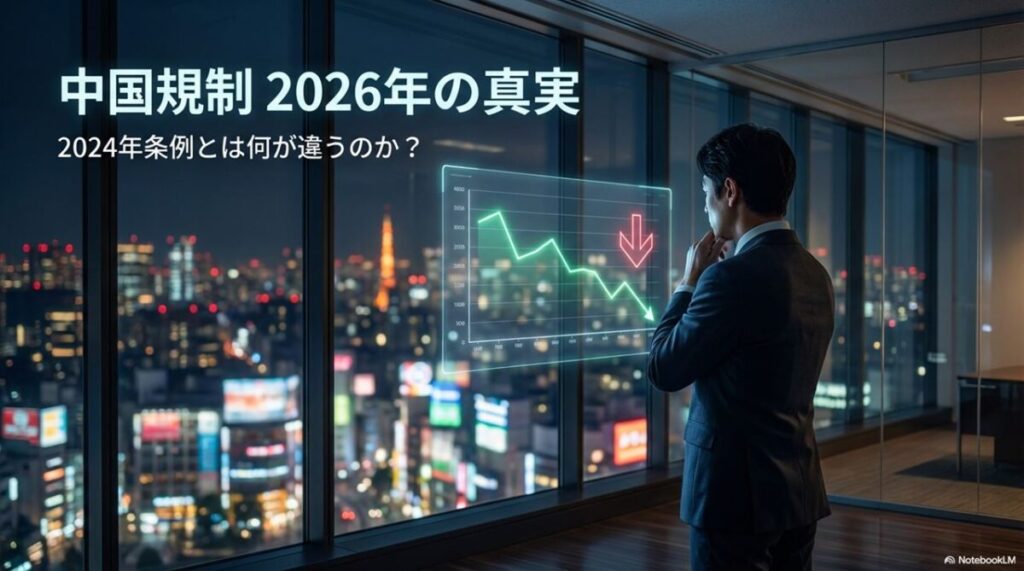 最新の規制データを分析するビジネスシーン。この記事のテーマである「中国レアアース輸出規制」の2026年現在の実態を詳しく解説することを象徴する一枚。