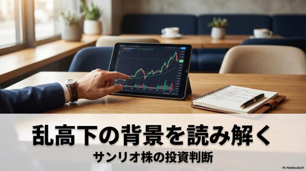 タブレットでサンリオの株価推移を分析する投資家の手元。この記事のテーマである「サンリオ 株価 やばい 理由」を冷静に読み解く姿勢を表現した一枚。