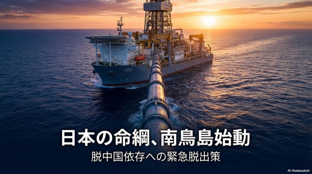 南鳥島で試験採掘を行う探査船『ちきゅう』。この記事のテーマである「中国レアアース輸出規制」に対する日本の解決策と未来への希望を象徴する一枚。