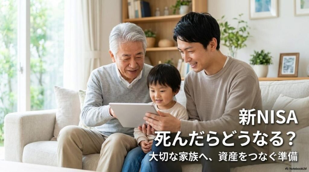家族が穏やかに話し合っているフォトリアルな画像。この記事のテーマである「新 nisa 死ん だら どうなる」に備えて生前に準備することの重要性を象徴する一枚。