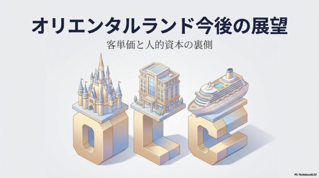 パークとクルーズのアイコンが並ぶアイソメトリック画像。この記事のテーマである「オリエンタルランド 今後 の 展望」の多角的な収益構造を象徴する一枚。