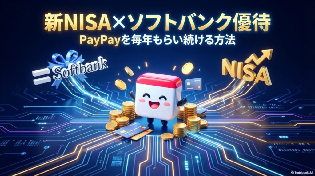 PayPayとソフトバンク、NISAがデジタルで繋がる様子を表現した3Dポップな画像。この記事のテーマである「新NISAでのソフトバンク株長期保有メリット」を象徴する一枚。