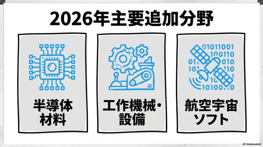 2026年度版で追加・調整された主要な3分野。半導体材料、工作機械、先端技術をカード型で整理した画像。