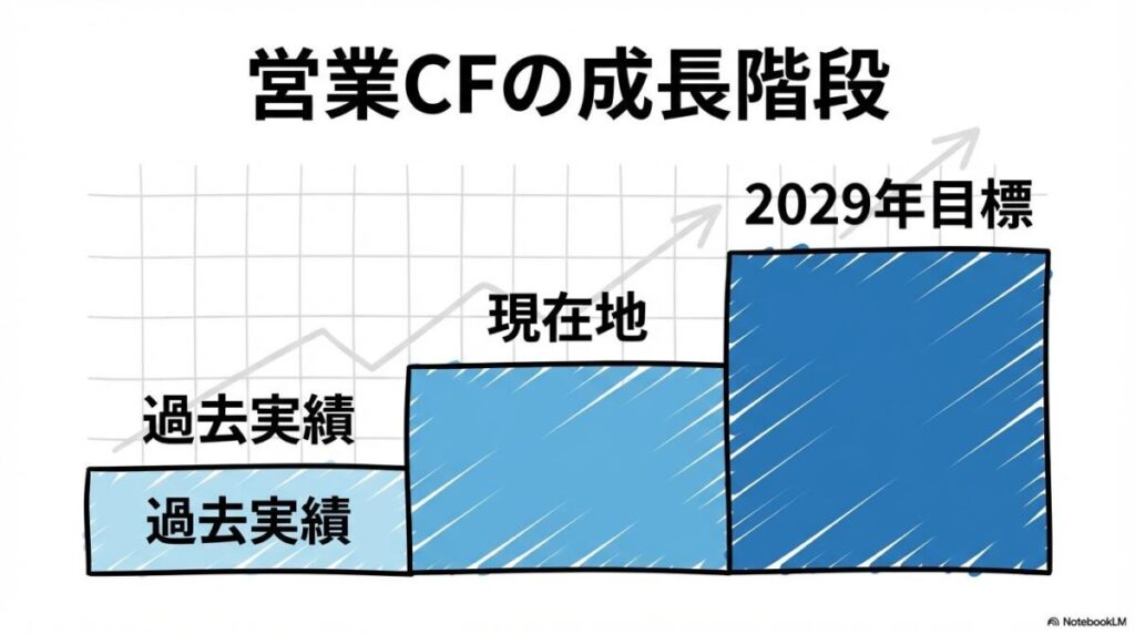 [中期経営計画]の図解。営業キャッシュ・フローの成長目標を、3ステップ図で表現した画像。