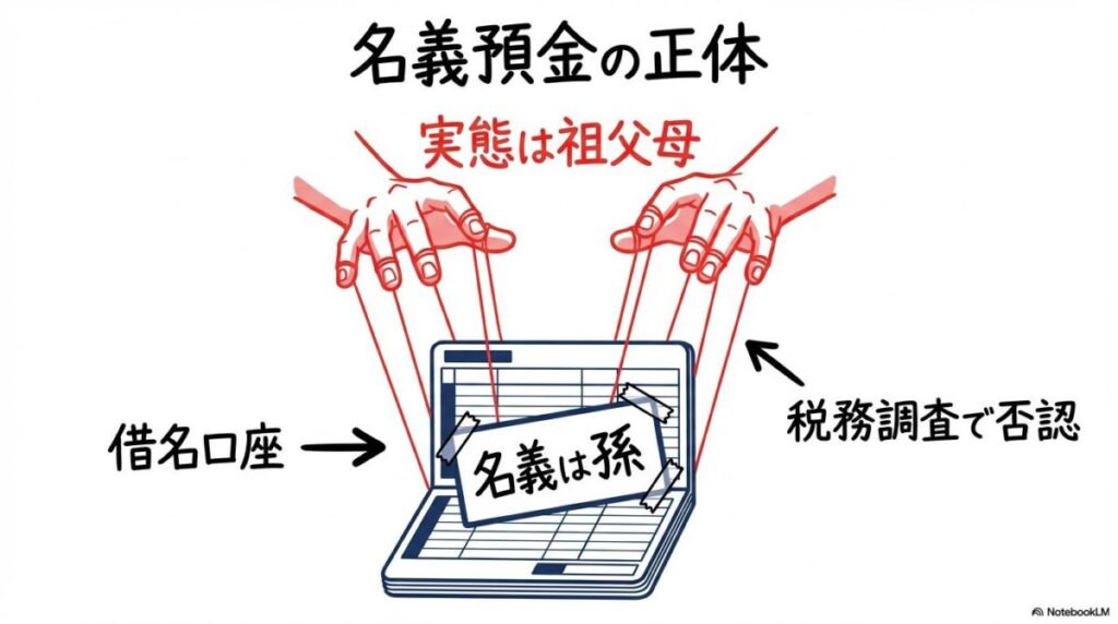 名義預金の概念図。口座の名義は孫だが、実質的な管理支配権(糸)を祖父母が握っている「操り人形」状態の状態を示すイラスト。