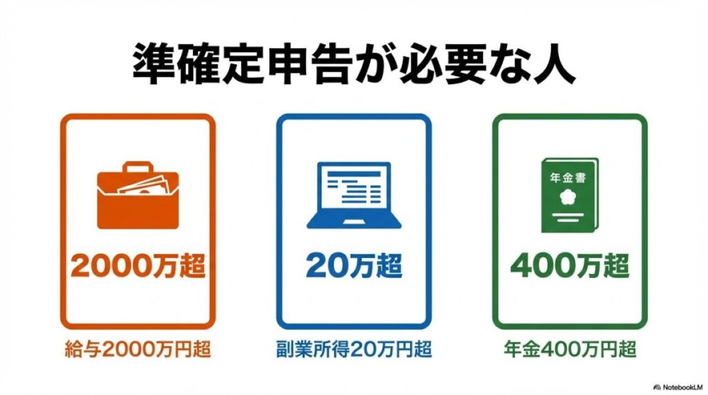 準確定申告が必要になる3つの条件（高額給与所得、副業所得、一定額以上の年金受給）をアイコンで示した図解。