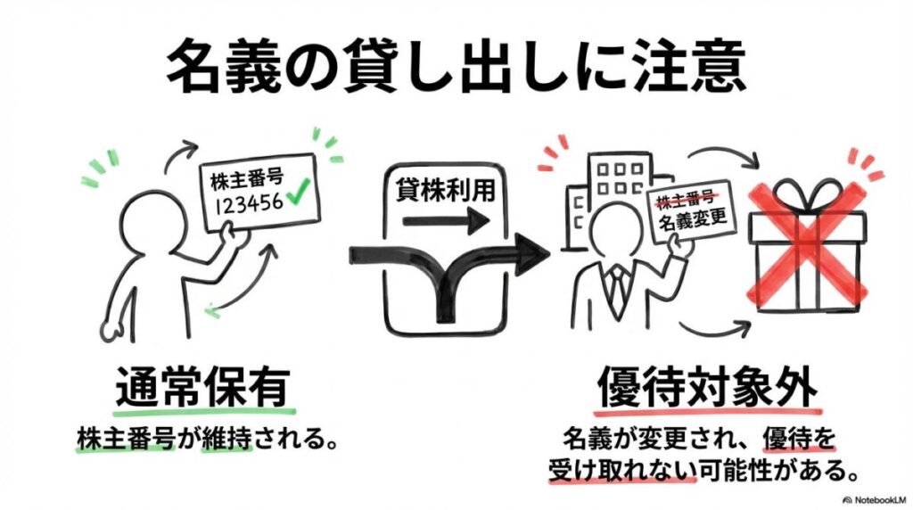 株主番号が途切れるメカニズムの図解。通常保有と貸株利用時の名義の違いを、VS図で表現した画像。