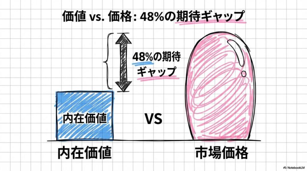 サンリオ株価の内在価値と期待値の乖離の図解。理論価格と実際の株価のギャップをVS図で表現した画像。