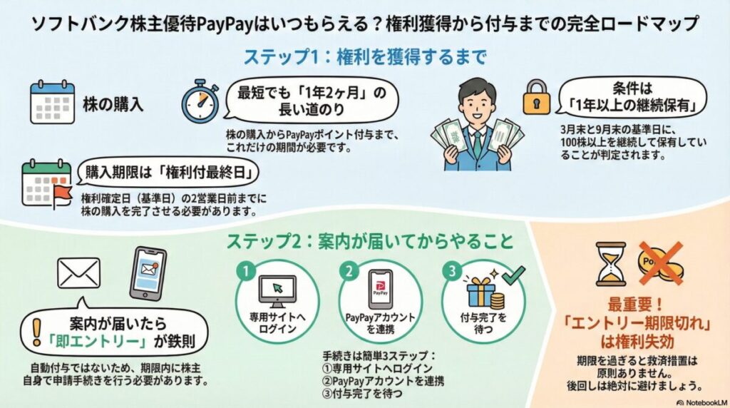 図解『ソフトバンク株主優待PayPayはいつから届く？確定日から付与までの全スケジュール完全ガイド』