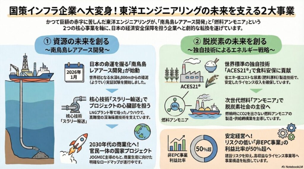 図解『東洋エンジニアリングの将来性は「資源×脱炭素」にあり！南鳥島レアアースと独自技術を徹底分析』