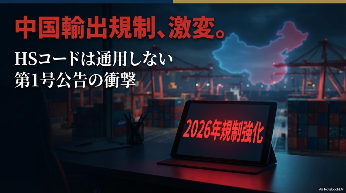 タブレットに表示された規制強化の警告と中国の地図。この記事のテーマである「両用物品輸出管理リスト」の厳格化と日本企業への影響を象徴する一枚。