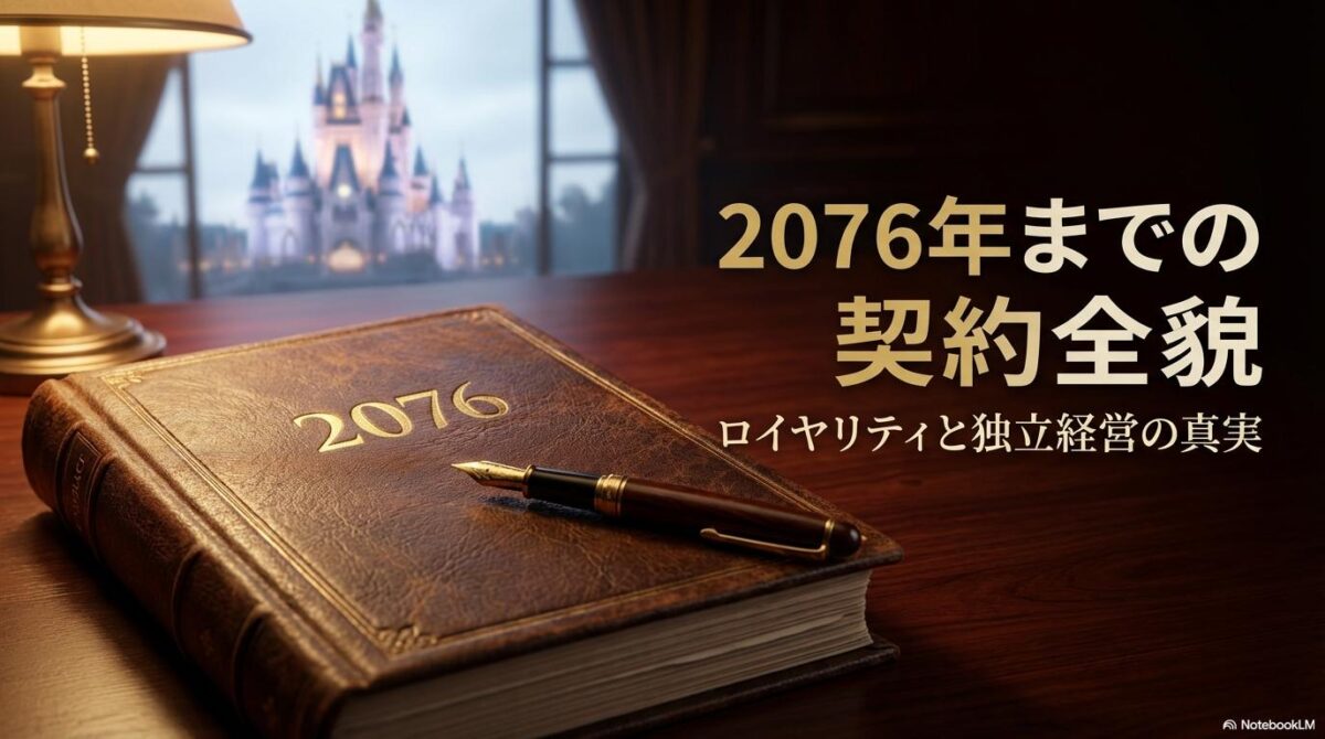 重厚な契約書に2076の文字が刻まれた3D画像。この記事のテーマである「オリエンタルランド ディズニー 契約」の長期的な法的基盤を象徴する一枚。