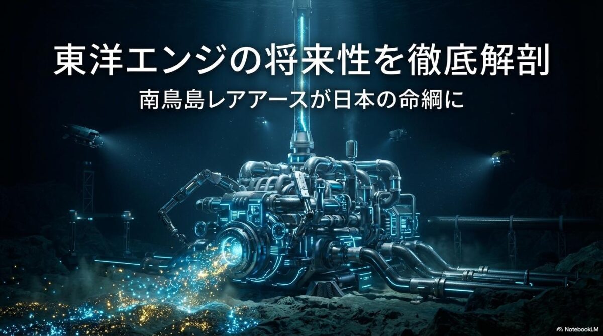 海底からレアアースを汲み上げる精密なハイテクシステム。この記事のテーマである「東洋エンジニアリング」の将来性と南鳥島プロジェクトの技術的優位性を象徴する一枚。