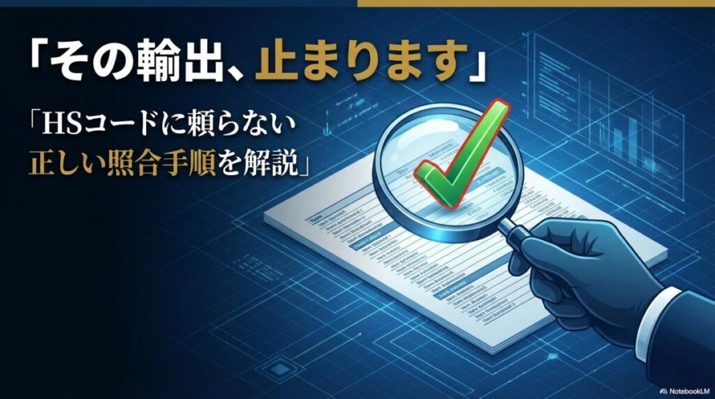 書類を虫眼鏡でチェックするビジネスパーソンのイラスト。この記事のテーマである「両用物品輸出管理リスト」とHSコードの照合手順の重要性を象徴する一枚。