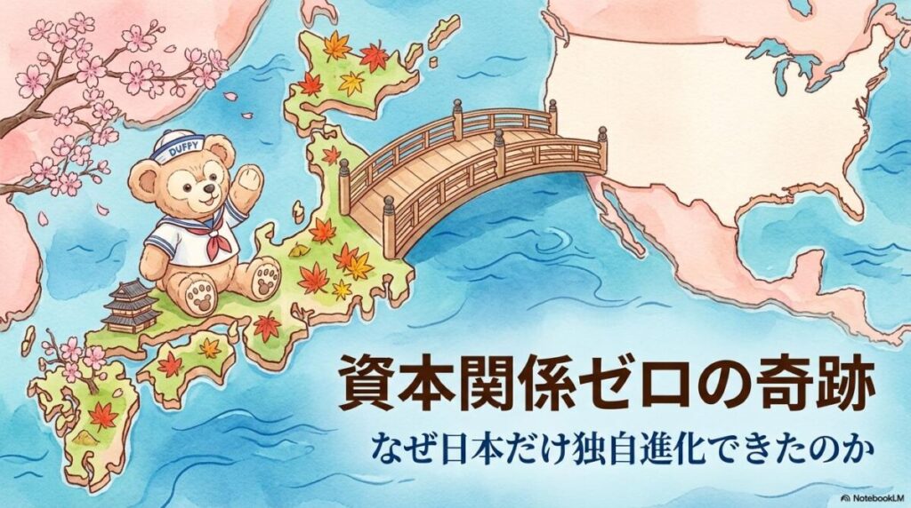 日本地図の上に独自コンテンツが乗ったイラスト。この記事のテーマである「オリエンタルランド ディズニー 契約」が生んだ日本独自の成功モデルを象徴する一枚。