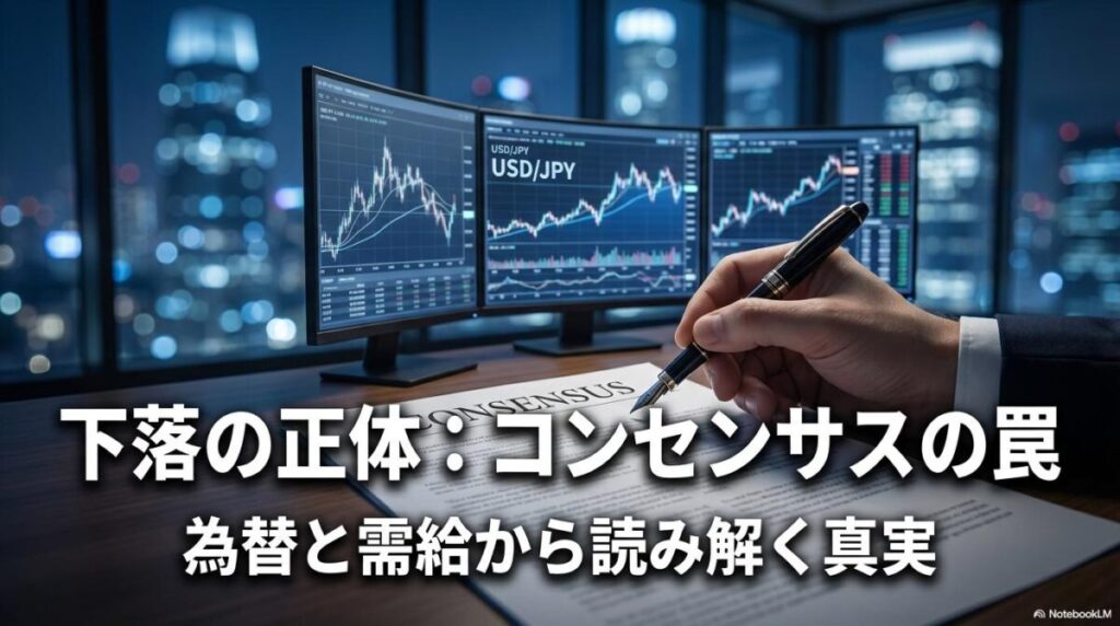 為替レートとコンセンサス資料を分析する投資家のデスク。この記事のテーマである「サンリオ 株価 なぜ 下がった」のメカニズムを冷静に解明する姿勢を表現。