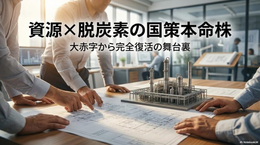 プラント設計を行うエンジニアの現場シーン。この記事のテーマである「東洋エンジニアリング」の将来性と、大赤字から復活した事業戦略を詳しく解説することを象徴する一枚。