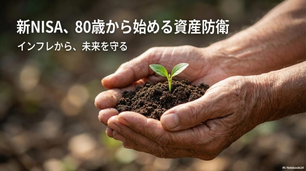 若葉を包み込むシニアの手を写したフォトリアルな画像。この記事のテーマである「新nisa 80歳 から」始めるインフレヘッジとしての資産防衛を象徴する一枚。