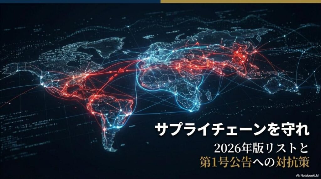 複雑なサプライチェーンの中でリスク箇所が警告表示されているネットワーク図。この記事のテーマである「両用物品輸出管理リスト」によるサプライチェーン寸断リスクと回避策を象徴する一枚。