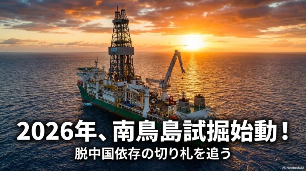 朝焼けの中を進む探査船『ちきゅう』。この記事のテーマである「東洋エンジニアリング」が関わる南鳥島レアアース試掘の開始と、脱中国依存への期待を象徴する一枚。