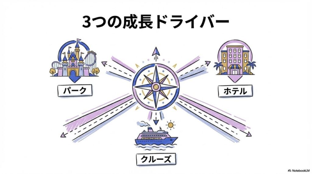 [2035年長期経営戦略]の図解。売上1兆円を支える3つの事業の広がりを、センター配置で表現した画像。