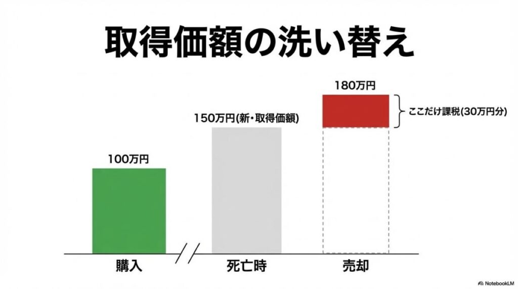 取得価額の洗い替えの仕組み解説図。死亡時の時価が新しい取得価額となり、それ以前の含み益は非課税になるが、以降の値上がり益は課税対象になることを示したグラフ。
