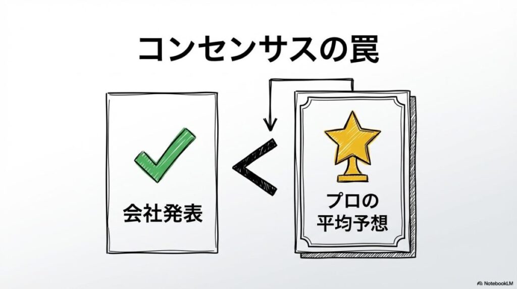 市場コンセンサスと会社発表の乖離の図解。良い決算でもプロの予想に届かない失望感をカード型で表現した画像。