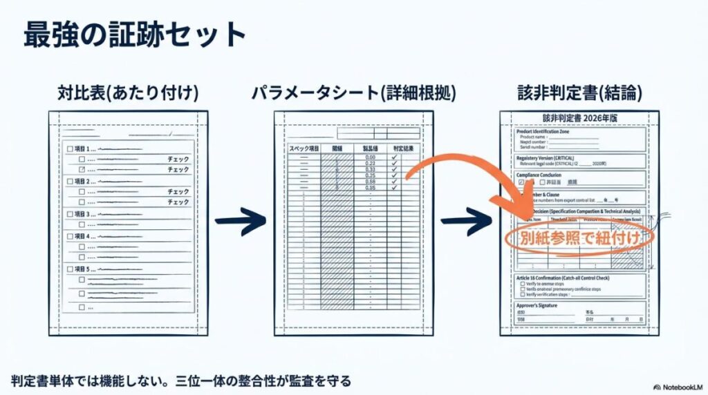 項目別対比表、パラメータシート、該非判定書の3点セットの関係図。対比表で検索し、パラメータシートで詳細判定を行い、判定書に証跡として添付するフロー。