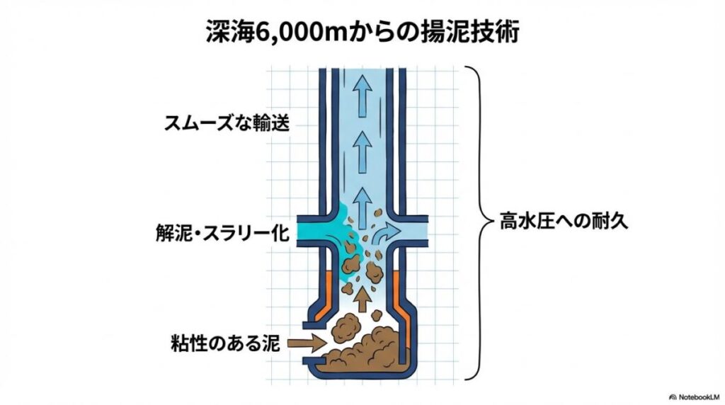 解泥・揚泥システムの仕組み図解。粘り気の強い泥をスラリー化し、深海からスムーズに輸送する東洋エンジニアリングの技術プロセス。
